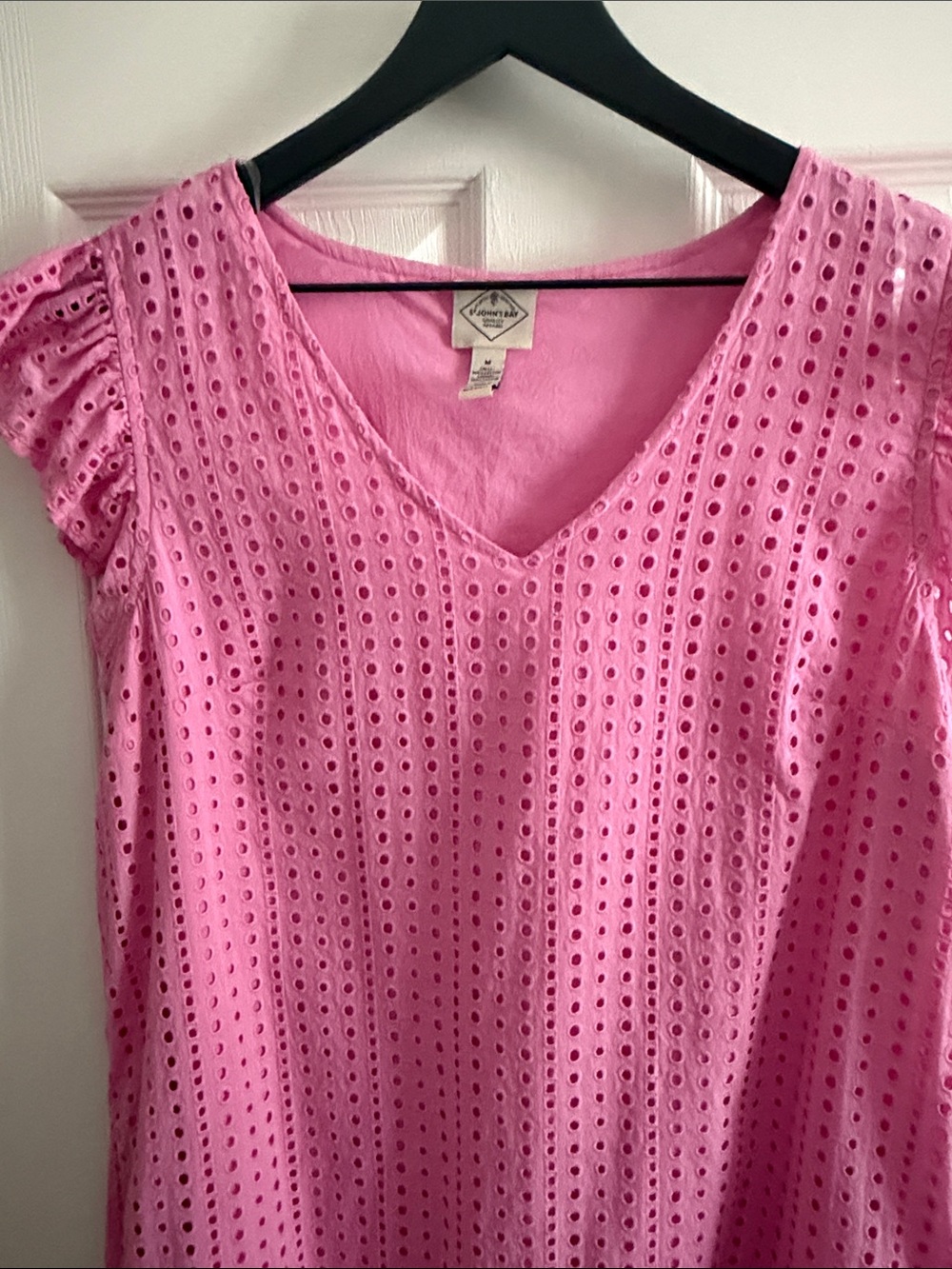 St. John's Bay Pink Eyelet V-Neck Ruffle Sleeve Mini Dress - Picture 3 of 16